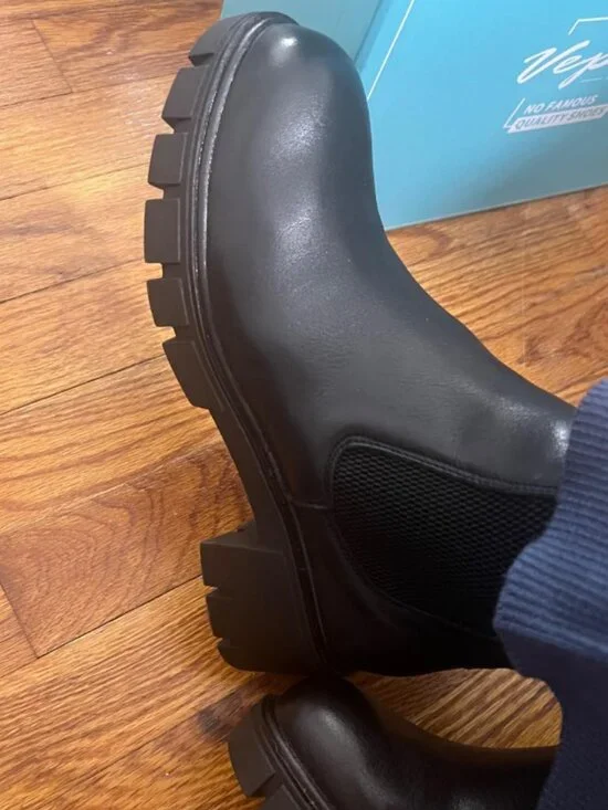 Women's Black 1 Platform Lug Sole Elastic Slip On Imported Chelsea Ankle Boots - Picture 4 of 7